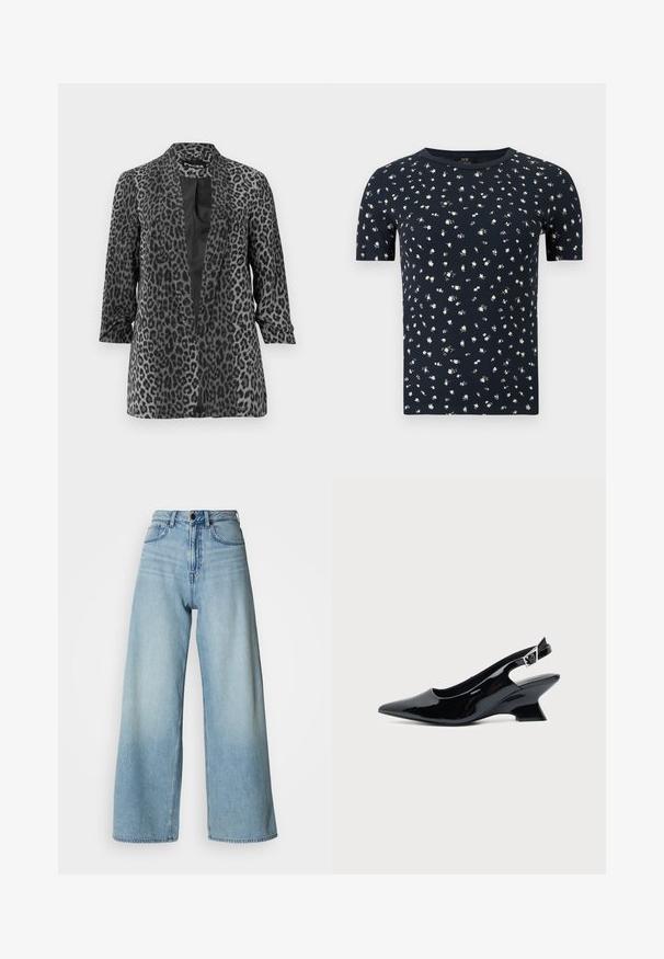 Blazer en imprimé léopard noir et gris avec des manches longues, devant ouvert et tissu lisse. Doté d'un col châle et d'une coupe décontractée.; T-shirt bleu marine à manches courtes avec un petit motif floral blanc et un col rond sur un fond uni.; Jean bleu clair de style taille haute à jambes larges, en denim, avec un design à cinq poches et un délavage subtil pour la texture.; Chaussure slingback en cuir verni noir avec bout pointu et petit talon bloc incliné sur fond clair uni.
