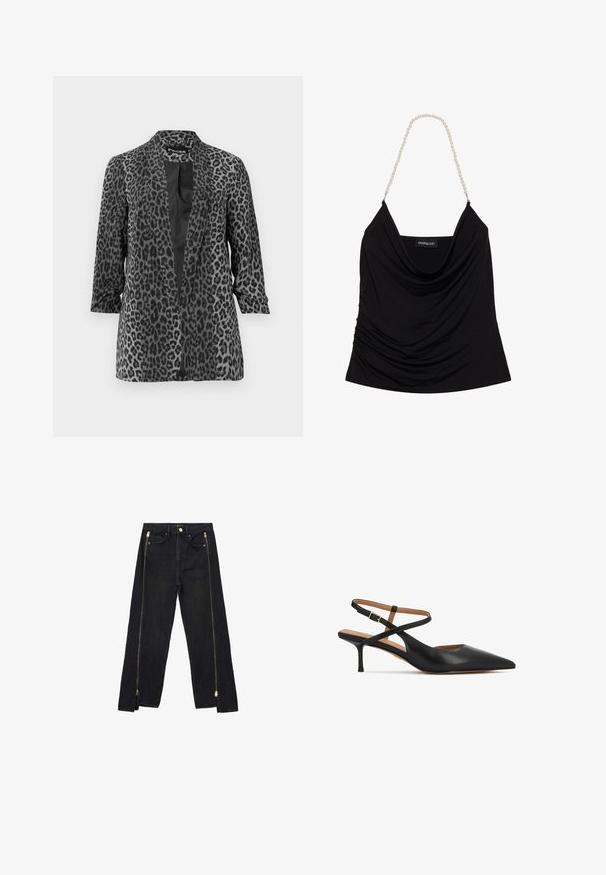 Blazer de leopardo negro y gris con mangas largas, frente abierto y tela suave. Cuenta con un cuello de chal y un corte relajado.; Top de tankini negro con escote drapeado y tejido texturizado. Presenta tirantes de cadena de perlas y una etiqueta con el logo en el interior.; Jeans de mezclilla negra con diseño de pierna recta, que cuentan con cremalleras doradas a los lados y bolsillos estándar en la cintura.; Tacones slingback de cuero negro con punta puntiaguda, tacón delgado y diseño de tiras entrecruzadas con hebilla ajustable.