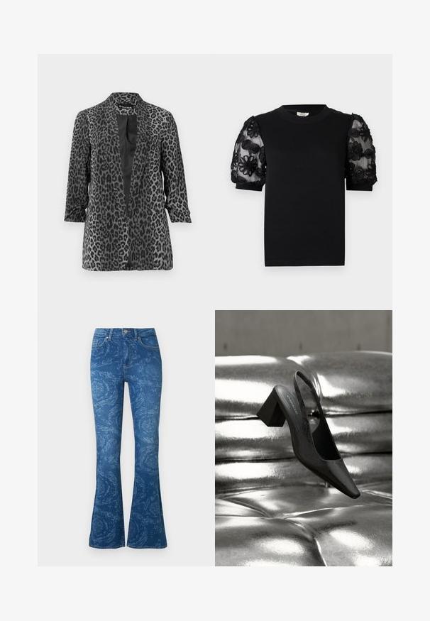 Sort og grå leopardprint blazer med lange ærmer, åben front og glat stof. Har sjalskrave og afslappet pasform.; Sort T-shirt med rund halsudskæring og korte ærmer. Pufærmerne har gennemsigtigt stof med indviklet sort blomsterbroderi.; Denim flared jeans i mørkeblå, med et diskret blomstermønster, fem-lomme design, frontknaplukning og standard taljebånd.; Sort slingback-hæl med spids tå, der har en tekstureret overflade og en chunky blokhæl. Lagt mod en skinnende, metallisk baggrund.