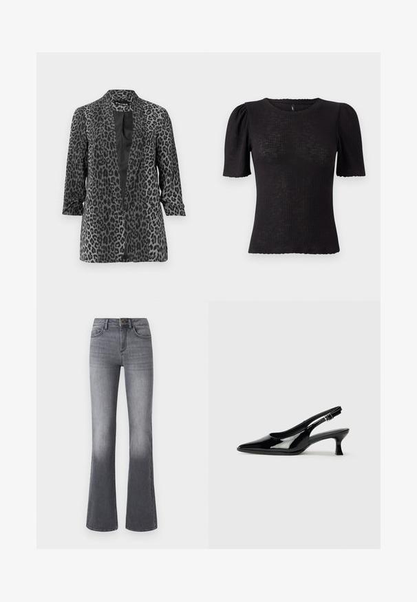 Blazer de leopardo negro y gris con mangas largas, frente abierto y tela suave. Cuenta con un cuello de chal y un corte relajado.; Top negro acanalado con mangas cortas abullonadas, escote redondeado, tejido texturizado y borde festoneado en las aberturas de las mangas.; Jeans acampanados de tiro alto en denim gris oscuro, con bolsillos frontales, cierre de botón y un sutil desgaste hacia el dobladillo.; Zapatos de charol negro tipo slingback con punta afilada y tacón bajo. Correa ajustable con hebilla en el tobillo.