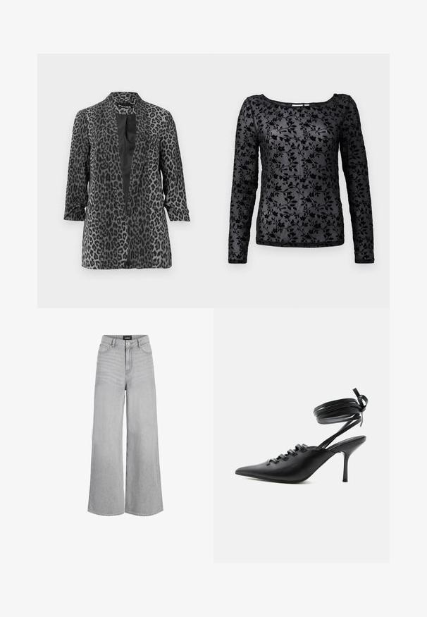 Blazer en imprimé léopard noir et gris avec des manches longues, devant ouvert et tissu lisse. Doté d'un col châle et d'une coupe décontractée.; Haut noir à manches longues avec un doux motif floral en velours, présentant un col rond et un tissu transparent.; Jean large gris clair à taille haute, bouton à l'avant, fermeture éclair, passants pour ceinture et étiquette de marque sur la ceinture.; Chaussure à talon haut noire à bout pointu avec laçage à l'avant et brides enroulées autour de la cheville nouées en nœud, vue de côté sur fond blanc.