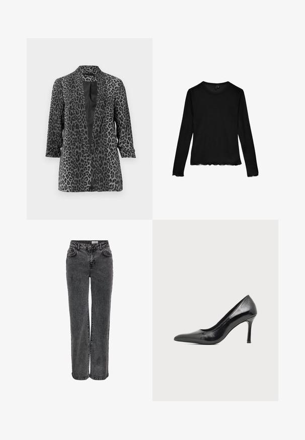 Blazer en imprimé léopard noir et gris avec des manches longues, devant ouvert et tissu lisse. Doté d'un col châle et d'une coupe décontractée.; Chemise noire à manches longues avec col ras du cou, bords festonnés aux manches et à l'ourlet, posée à plat sur un fond blanc.; Jeans en denim noir au design droit, avec poches avant, passants de ceinture et une texture légèrement délavée.; Chaussure à talon haut pour femme en cuir verni noir avec bout pointu et talon fin sur fond clair uni.