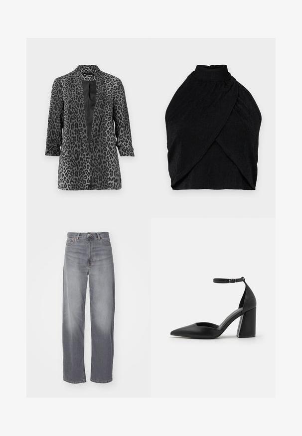 Sort og grå leopardprint blazer med lange ærmer, åben front og glat stof. Har sjalskrave og afslappet pasform.; Sort halterneck-top i struktureret stof med høj hals, samlingdetaljer og omslagstyling med en cropped nederkant.; Weekday RAIL MID LOOSE STRAIGHT - Jeans Straight Leg - misty grey; Sort højhælet sko fremstillet af glat læder, med spidse tå, udskårne sider og en justerbar ankelrem med en blok hæl.