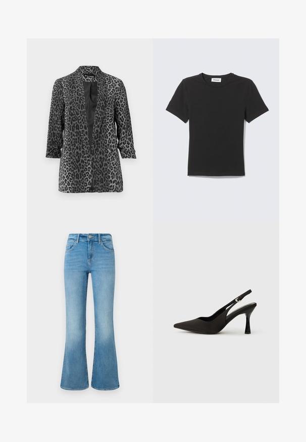 Sort og grå leopardprint blazer med lange ærmer, åben front og glat stof. Har sjalskrave og afslappet pasform.; Sort T-shirt med korte ærmer og rund hals lagt fladt med et lille hvidt mærke inde i kraven mod en lys baggrund.; Lyseblå denim flare jeans med forlommer, bæltestropper og knaplukning mod en hvid baggrund.; Sorte slingback hæle med spids tå, glat mat finish og en slank, blank hæl. Justerbar rem med lille spænde detaljer.