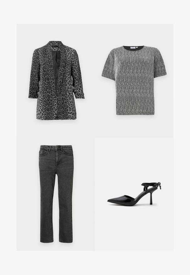 Zwarte en grijze luipaardprint blazer met lange mouwen, open voorkant en een gladde stof. Heeft een sjaalkraag en een relaxte pasvorm.; Korte mouwen metallic zilveren en zwarte gewoven top met een ronde halslijn en een slim fit.; Zwarte denim jeans met een rechte pijp, voorzien van vijf zakken, riemlussen en een sluiting met een knop aan de voorkant. De geweven stof toont subtiele slijtage.; Zwarte lakleren hoge hakken schoen met spits toelopende neus en enkelbandje achter gebonden in een knoop, afgebeeld op een effen witte achtergrond.