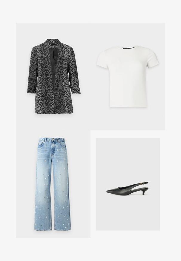 Schwarzer und grauer Leopardenmuster-Blazer mit langen Ärmeln, offenem Frontbereich und glattem Stoff. Verfügt über einen Schalkragen und eine lockere Passform.; Weißes kurzärmeliges, geripptes Strick-T-Shirt mit Rundhalsausschnitt, dargestellt vor einem schlichten hellgrauen Hintergrund.; Hellblaue Jeans mit weitem Bein, verziert mit Perlen und blumenförmigen Perlen, die über den Stoff verteilt sind, mit sichtbarem Vorderknopf und Taschen.; Schwarzer Slingback-Schuh mit spitzem Zehenbereich aus glattem Leder. Mit einem dünnen Absatz und einer dekorativen Schnalle am verstellbaren Riemen.