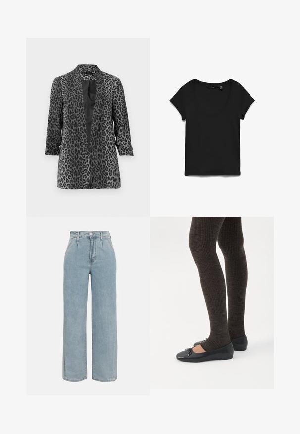 Zwarte en grijze luipaardprint blazer met lange mouwen, open voorkant en een gladde stof. Heeft een sjaalkraag en een relaxte pasvorm.; Zwart T-shirt met korte mouwen en ronde hals, plat gelegd op een witte achtergrond, met vooraanzicht en stoftextuur.; Lichtblauwe high-waisted jeans met wijde pijpen, voorzakken, riemlussen en een knoopsluiting.; Benen met donkere geribbelde leggings gecombineerd met zwarte ballerina's met kleine strikdetails op een witte achtergrond.