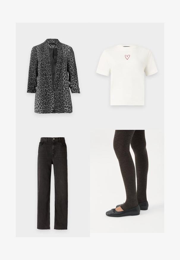 Blazer de leopardo negro y gris con mangas largas, frente abierto y tela suave. Cuenta con un cuello de chal y un corte relajado.; Camiseta blanca de manga corta con cuello redondo y un pequeño corazón con contorno rojo centrado cerca del escote.; Pantalones de mezclilla negros con un diseño de pierna recta, que destacan por una cintura alta, estilo de cinco bolsillos y detalles de dobladillo sin terminar.; Piernas con leggings oscuros acanalados combinados con bailarinas negras que presentan pequeños detalles de lazo sobre un fondo blanco.