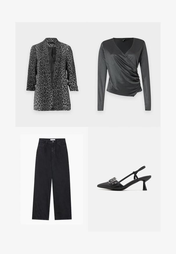 Blazer en imprimé léopard noir et gris avec des manches longues, devant ouvert et tissu lisse. Doté d'un col châle et d'une coupe décontractée.; Haut gris à manches longues en tissu lisse et extensible avec un design enveloppant et un détail froncé à la taille. Décolleté en V.; Jeans en denim noirs taille haute à jambes larges avec fermeture à bouton et zip à l'avant, passants de ceinture et style à cinq poches.; Simmi London DALA - Escarpins - black