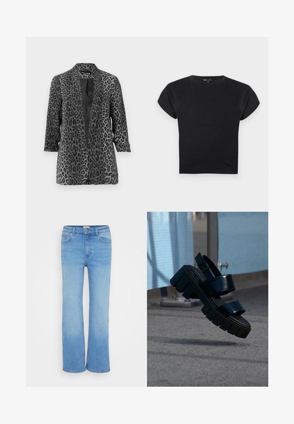 Sort og grå leopardprint blazer med lange ærmer, åben front og glat stof. Har sjalskrave og afslappet pasform.; Sort kortærmet crop top med rund halsudskæring, let udvidede skuldre og tætsiddende pasform på hvid baggrund.; Lys blå denimjeans med et klassisk lige ben-design, fem lommer og en frontknaplukning. Glat struktur med ensartet farve.; Sort chunky platformsandal med to remme og spænde, svævende midt i luften over grå fortov og blå stofbaggrund.