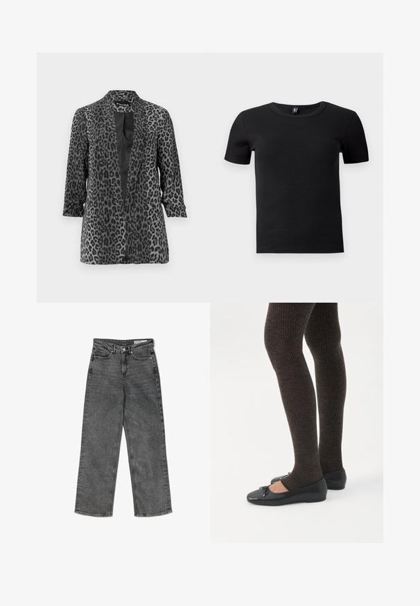 Zwarte en grijze luipaardprint blazer met lange mouwen, open voorkant en een gladde stof. Heeft een sjaalkraag en een relaxte pasvorm.; Zwart T-shirt met korte mouwen, gemaakt van ribbelstof. Beschikt over een klassieke ronde halslijn en een getailleerde silhouette. Geen extra accenten.; Hoge taille zwarte gewassen rechte jeans met voorzakken, riemlussen, knoopsluiting en een merklabel aan de binnenkant van de tailleband.; Benen met donkere geribbelde leggings gecombineerd met zwarte ballerina's met kleine strikdetails op een witte achtergrond.
