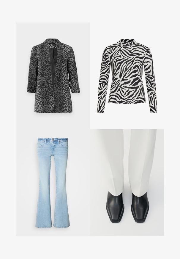 Blazer de leopardo negro y gris con mangas largas, frente abierto y tela suave. Cuenta con un cuello de chal y un corte relajado.; Top de manga larga con un patrón de rayas de cebra en blanco y negro, confeccionado en una tela suave con un cuello alto y un diseño ajustado.; Vaqueros acampanados de color azul claro hechos de mezclilla. Presentan cinco bolsillos, cierre de botón y un lavado desgastado con sutiles arrugas envejecidas.; Botas de cuero negro hasta el tobillo con punta afilada y un tacón bajo y apilado, combinadas con pantalones blancos de pierna ancha. Textura suave, diseño elegante.