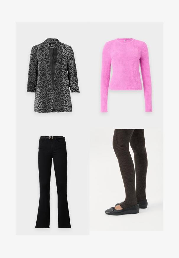 Sort og grå leopardprint blazer med lange ærmer, åben front og glat stof. Har sjalskrave og afslappet pasform.; Lyserød langærmet sweater lavet af tekstureret stof. Har en rund halsudskæring og en tætsiddende silhuet med et ribbet mønster over det hele.; Sorte vide jeans lavet af denim, med en tætsiddende talje, forlommer og et sølvspænde bælte. Stoffet har en glat tekstur.; Ben iført mørke ribbede leggings kombineret med sorte balletsko med små sløjfedetaljer på hvid baggrund.