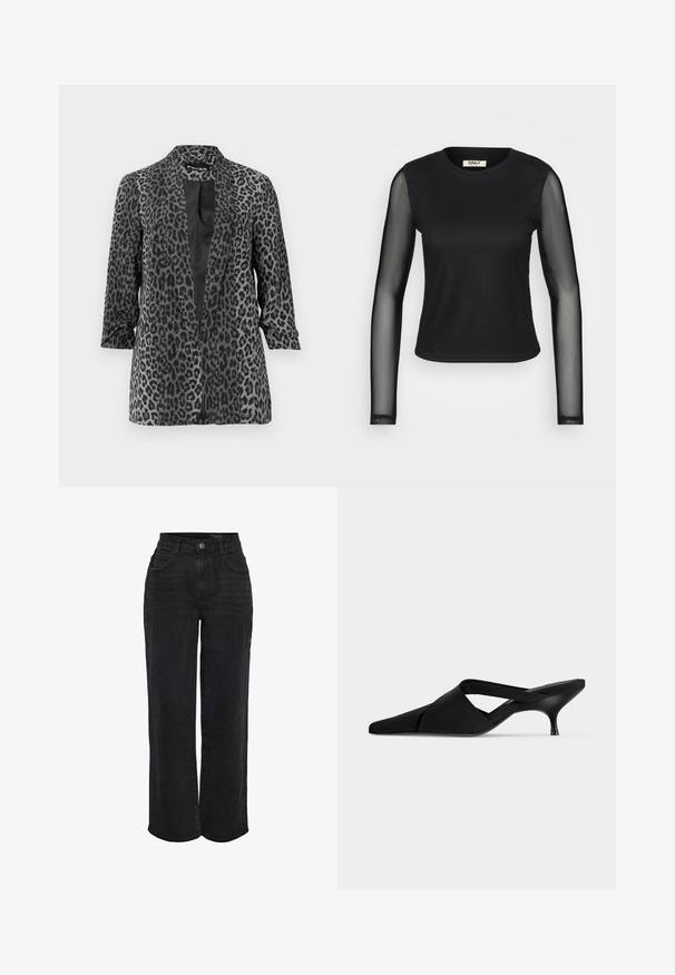 Blazer de leopardo negro y gris con mangas largas, frente abierto y tela suave. Cuenta con un cuello de chal y un corte relajado.; Top negro de manga larga con un cuerpo sólido y mangas de malla transparente. Presenta un escote redondo y una silueta ajustada. La tela parece suave y elástica.; Jeans de mezclilla negros de cintura alta con piernas rectas, botón frontal y diseño de cinco bolsillos.; Mule negro de punta puntiaguda con un tacón bajo tipo kitten y correas anchas superpuestas en la parte superior del pie.