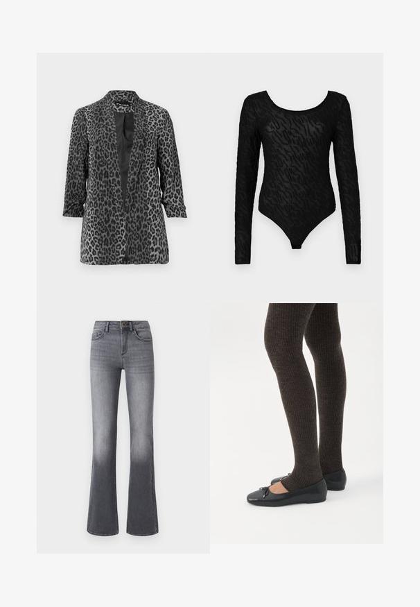 Sort og grå leopardprint blazer med lange ærmer, åben front og glat stof. Har sjalskrave og afslappet pasform.; Sort langærmet bodysuit med et tekstureret mønster, der har en scoop-udskæring og en tætsiddende silhuet, lavet af et gennemsigtigt materiale.; Højtaljede, brede jeans i mørkegråt denim med forlommer, knaplukning og subtilt falmede effekter mod kanten.; Ben iført mørke ribbede leggings kombineret med sorte balletsko med små sløjfedetaljer på hvid baggrund.