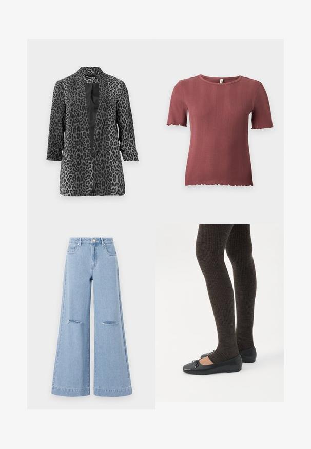Zwarte en grijze luipaardprint blazer met lange mouwen, open voorkant en een gladde stof. Heeft een sjaalkraag en een relaxte pasvorm.; Korte mouw, geribbelde gebreide top in stoffige roos met een ronde hals en subtiele slabrandafwerking aan de mouwen en zoom.; Lichtblauwe wijde jeans met een hoge taille, voorzien van twee voorkruiszakken en twee gescheurde knieën, gemaakt van denim.; Benen met donkere geribbelde leggings gecombineerd met zwarte ballerina's met kleine strikdetails op een witte achtergrond.