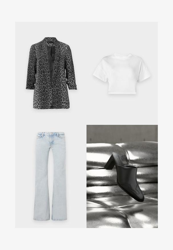Blazer de leopardo negro y gris con mangas largas, frente abierto y tela suave. Cuenta con un cuello de chal y un corte relajado.; Camiseta corta blanca de algodón. Mangas cortas, escote redondo, textura suave, diseño casual sin patrones ni adornos.; Jeans acampanados de color azul claro, fabricados en mezclilla. Cuentan con una cintura con botón de metal, diseño de cinco bolsillos y un ligero desvanecimiento en toda la prenda.; Mula de cuero negro con tacón ancho descansando sobre una superficie plateada brillante acolchada, destacando su diseño elegante y detalles curvados.