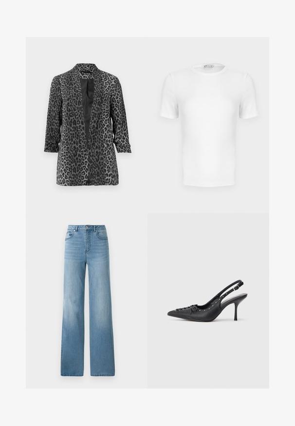 Sort og grå leopardprint blazer med lange ærmer, åben front og glat stof. Har sjalskrave og afslappet pasform.; Hvid ribstrikket T-shirt med korte ærmer, rund hals og tætsiddende pasform samt en lille mærkeetiket inde i kraven.; Lyseblå højtaljede jeans med lige ben. Fremstillet af denim, med fem lommer og knaplukning.; Sorte læder slingback stiletto med spids tå, side spændebånd, nitter langs kanten og dekorativ snøring foran.