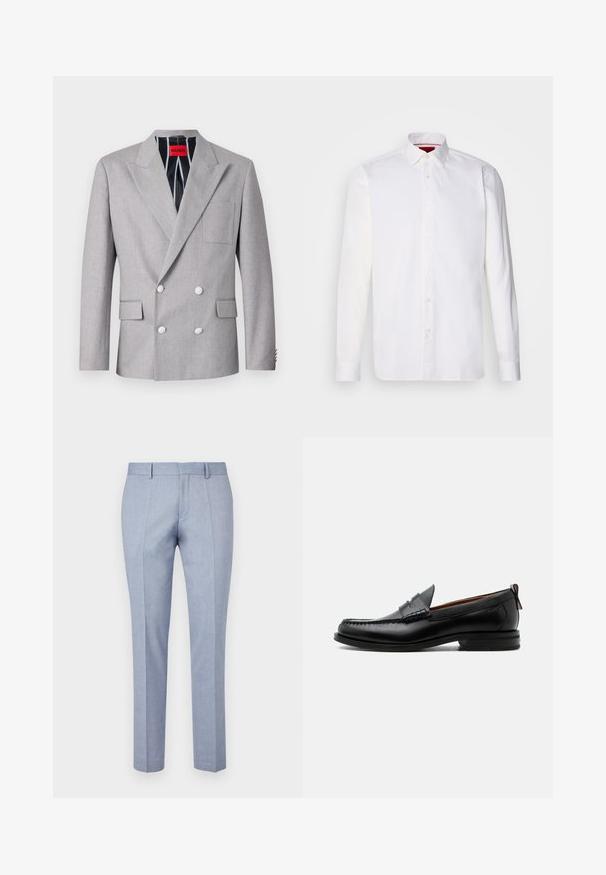 Blazer gris de doble botonadura hecho de tela texturizada. Presenta solapas en picos, dos bolsillos frontales y botones blancos. Forrado con un patrón a rayas.; Camisa blanca de manga larga hecha de algodón, con un collar clásico, placket frontal con botones y una textura suave. Detalle interior del collar en rojo.; Pantalones ajustados de color azul claro con una textura de tela suave, con un frentel plano, dos bolsillos frontales y un diseño de corte slim.; Mocasín de hombre de piel negra con costura moc toe, tira penny, cuello texturizado y tacón bajo apilado sobre fondo blanco.