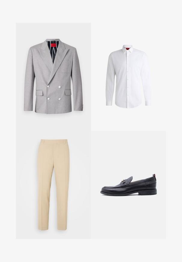 Blazer gris de doble botonadura hecho de tela texturizada. Presenta solapas en picos, dos bolsillos frontales y botones blancos. Forrado con un patrón a rayas.; Camisa blanca de botones, confeccionada en tela suave, con collar clásico, mangas largas y dobladillo curvado. Presenta botones beige en la parte delantera.; Pantalones de color beige ajustados con un diseño de pierna recta, elaborados en una tela ligera, que presentan dos bolsillos frontales y pliegues bien planchados.; Mocasín de cuero negro con empeine gris texturizado, detalle de hebilla metálica plateada, tacón bajo y lengüeta para tirar en la parte trasera.