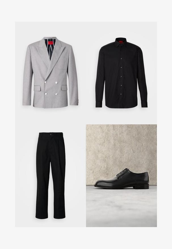 Blazer gris de doble botonadura hecho de tela texturizada. Presenta solapas en picos, dos bolsillos frontales y botones blancos. Forrado con un patrón a rayas.; Camisa negra de manga larga hecha de una tela suave, con un cuello clásico con tapa, cierre frontal de botones y un ajuste entallado.; Pantalones rectos negros con cintura con botones, trabillas para cinturón y pliegue frontal, exhibidos sobre un fondo blanco liso.; Zapato de vestir de cuero negro con punta redondeada, textura suave, costuras mínimas y suela plana con un sutil logo en el tacón.
