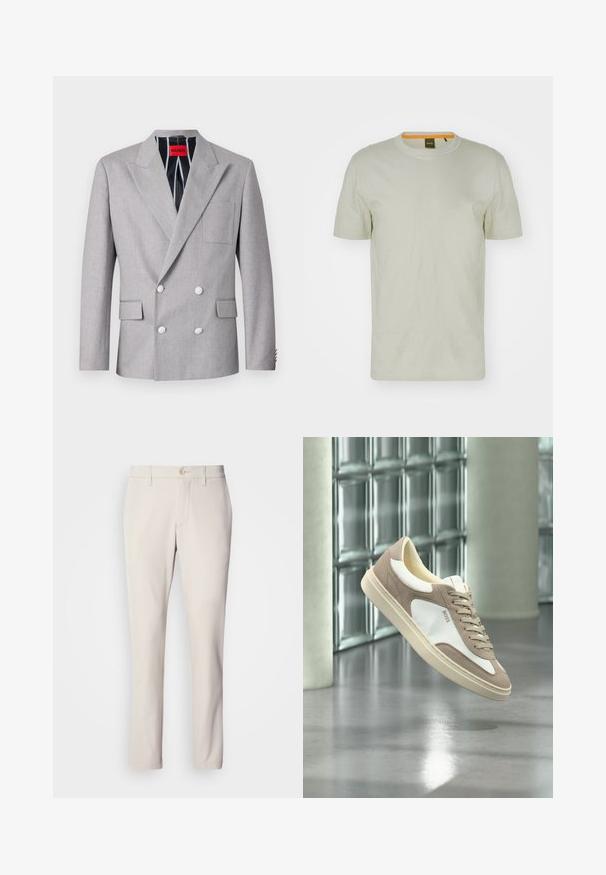 Grå dobbeltradet blazer lavet af tekstureret stof. Har spidse klapper, to forlommer og hvide knapper. Fôret med stribet mønster.; Lys grøn kortærmet T-shirt lavet af blødt stof, med rund hals og et diskret logo på fronten. Enkel design med minimal detaljer.; Beige bukser med slim fit, der har en frontknaplukning, flad frontdesign og lige ben, lavet af glat bomuldsblandingsstof.; Beige og hvid ruskindssneaker med snørebånd og "BOSS"-logo, der svæver over en poleret beton gulv med glasblokvægge i baggrunden.