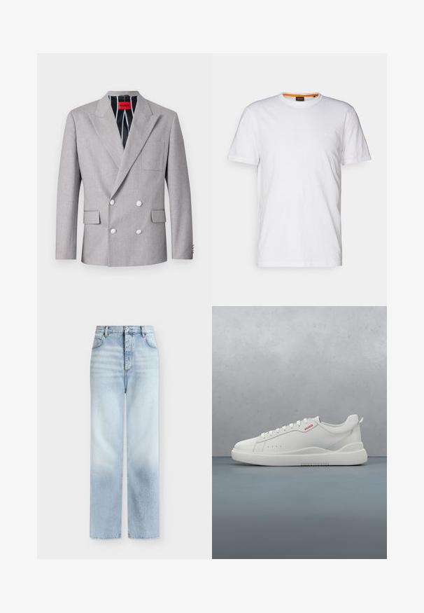 Blazer gris de doble botonadura hecho de tela texturizada. Presenta solapas en picos, dos bolsillos frontales y botones blancos. Forrado con un patrón a rayas.; Camiseta de algodón blanca con cuello redondo, mangas cortas y un sutil logo en relieve en el pecho. La etiqueta interior tiene un acento naranja.; Vaqueros azul claro de talle alto y pierna recta con bolsillos delanteros, trabillas para cinturón y cierre de botón.; Zapatilla blanca con un acabado de cuero liso, punta redonda, cuatro ojales, perforaciones sutiles y un detalle de logo rojo en el lateral.