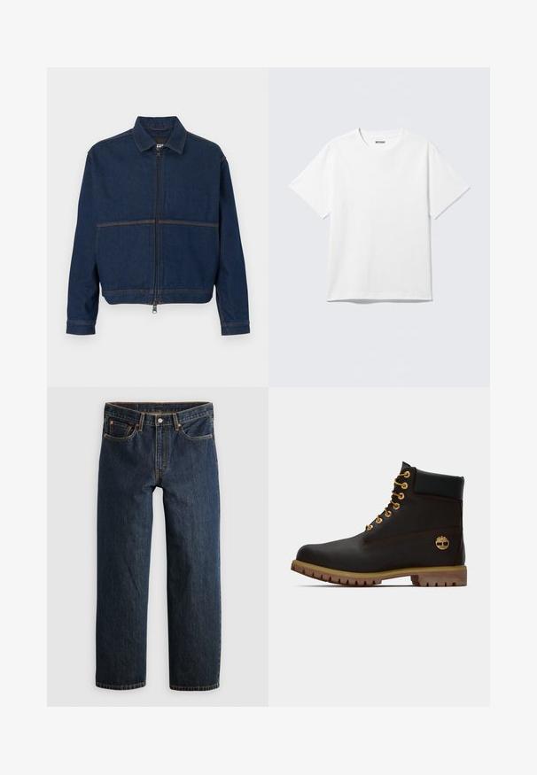 Veste en denim bleu foncé avec une fermeture éclair sur le devant, un col classique et deux coutures contrastées traversant la poitrine. Manches longues avec poignets à boutons.; T-shirt blanc à manches courtes et col rond, étalé à plat, design uni, avec l'étiquette "WEEKDAY" à l'intérieur du col sur un fond clair.; Jean en denim bleu foncé avec une coupe droite. Comprend cinq poches, des surpiqûres contrastantes et une fermeture à bouton à la taille.; Bottine noire en cuir avec œillets dorés, accents marron et semelle en caoutchouc. Comprend un col rembourré et un logo estampé sur le côté.