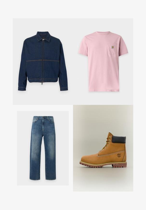 Veste en denim bleu foncé avec une fermeture éclair sur le devant, un col classique et deux coutures contrastées traversant la poitrine. Manches longues avec poignets à boutons.; T-shirt rose uni à manches courtes avec une poche poitrine comportant un petit patch rectangulaire avec le logo Carhartt.; Jean bleu droit avec des zones décolorées sur les cuisses, style cinq poches, fermeture par bouton et fermeture éclair.; Bottine en cuir marron avec col noir, lacets jaunes et semelle beige. Présente un logo et des détails de couture blanche. Semelle extérieure à traction robuste.