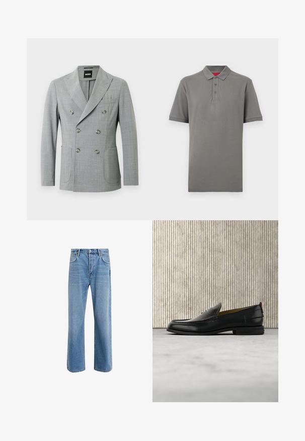 Blazer gris à double boutonnage avec deux poches avant, revers en pointe et six boutons ronds en argent. Fabriqué à partir d'un tissu léger et texturé.; Polo gris à manches courtes avec col et trois boutons, arborant un petit logo "HUGO" sur la poitrine gauche.; Jeans en denim bleu clair avec une coupe droite, cinq poches, fermeture à bouton, peu d'usure et des détails de couture contrastés.; Mocassin pour homme en cuir noir avec un dessus embossé effet croco et un petit talon, présenté de profil sur un fond neutre.
