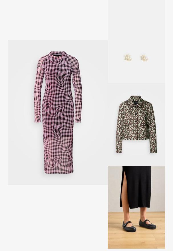 Marc Cain Blazer - dark wood; Robe à manches longues avec une silhouette ajustée, arborant un motif à carreaux rose et noir dans un tissu transparent et texturé. Col haut.; Femme en jupe midi noire côtelée avec fente latérale portant des chaussures plates Mary Jane noires sur un sol en bois.; Boucles d'oreilles dorées présentant les initiales "ML" ornées de petites perles blanches en faux, avec un dos transparent pour un port sécurisé.