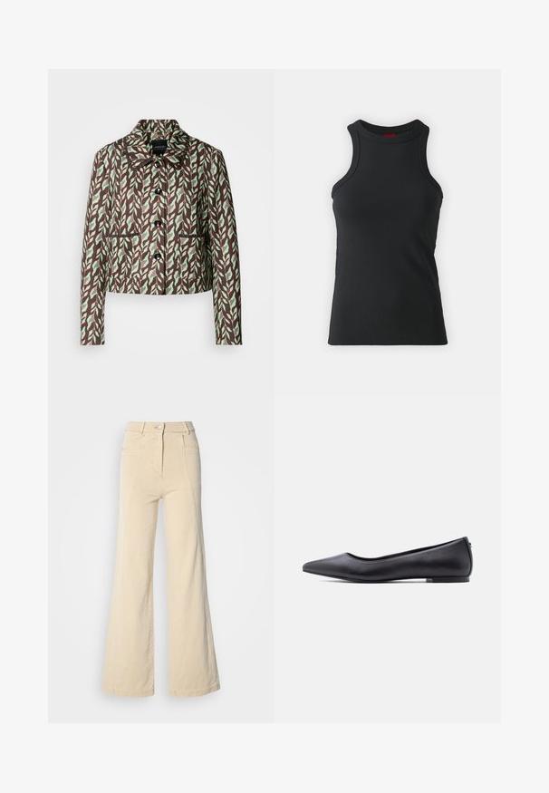 Marc Cain Blazer - dark wood; Débardeur sans manches noir en tissu extensible. Présente un col rond et une silhouette ajustée avec des détails de couture minimaux.; Jeans beige à jambes larges avec taille haute, poches avant, et couture contrastée, dotés d'une fermeture à bouton et d'une texture en coton lisse.; Chaussure plate en cuir noire à bout pointu avec petit talon, vue de profil sur fond blanc.
