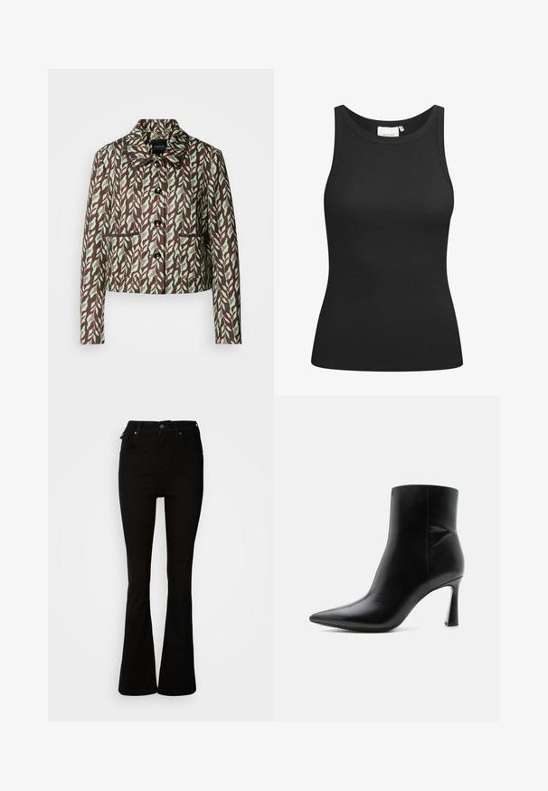 Marc Cain Blazer - dark wood; Débardeur noir en tissu côtelé, avec un décolleté en forme de rond et une coupe ajustée. Coutures plates et sans ornements. Design simple et épuré.; Jean noir évasé en denim, avec une taille haute, des poches avant, et un design classique à cinq poches avec des accents en métal.; Bottine en cuir noir avec bout pointu et talon aiguille fin et haut, vue de profil sur fond blanc.