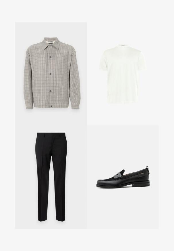 Veste à carreaux grise en tissu texturé, avec un col, une fermeture à boutons à l'avant et des manches longues.; T-shirt blanc à col rond en tissu doux. Manches courtes, sans motifs. Design simple avec un ourlet droit et des détails minimalistes.; Pantalons noirs ajustés en tissu lisse, présentant une jambe droite, des détails de pli raffinés et une taille classique avec passants de ceinture.; Mocassin en cuir noir avec détail de bride grise, talon bas et semelle texturée, marqué "HUGO" en or sur le côté.