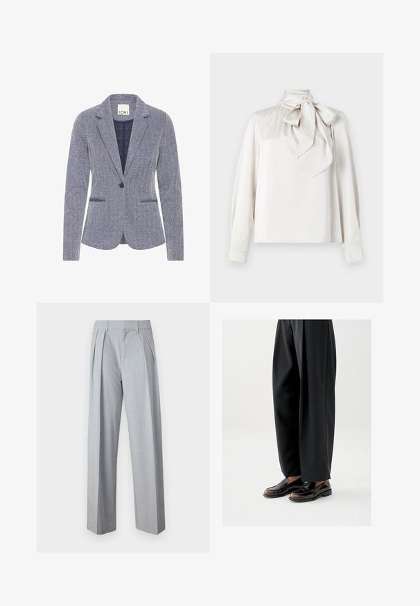 Blazer med fiskebensmønster i marineblå og hvid. Har slagkrave, to frontlommer og en enkelt knaplukning for et skræddersyet look.; Lys beige bluse med lange ærmer, høj krave og en stor sløjfe ved halsen. Glat tekstur og let løs pasform.; Good American SUITING GOOD 90S PLEATED - Bukser - grey; Sorte loafers med en blank læderfinish, der har en dekorativ rem over toppen, kombineret med løstsiddende sorte bukser.