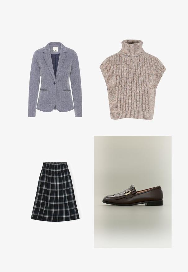 Blazer mit Fischgrätmuster in Marineblau und Weiß. Verfügt über einen Reverskragen, zwei vordere Taschen und einen Einknopfverschluss für einen maßgeschneiderten Look.; Hellgrauer, gestrickter Rollkragenpullover mit gerippter Textur, kurzen Ärmeln und subtilen Farbsprenkeln im gesamten Stoff.; Schwarz-weißer Karorock mit elastischem Bund, knielang, mit ausgestelltem Design und weicher Stofftextur.; Dunkelbrauner Lederloafer mit Fransen-Detail und goldener Schnalle auf neutralem Hintergrund, Seitenansicht.