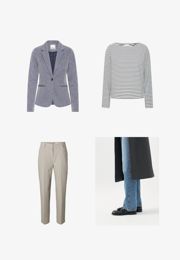 Blazer med fiskebensmønster i marineblå og hvid. Har slagkrave, to frontlommer og en enkelt knaplukning for et skræddersyet look.; Langærmet top med bådudskæring, lavet af blødt stof med marineblå og hvide vandrette striber. Ligefrem skæring og minimal detaljer.; Beige skræddersyede bukser med bæltestropper, lynlås foran og pressede læg ned langs benene, vist mod en hvid baggrund.; Sorte læderloafer med kvaster, båret med lyseblå lige ben jeans, suppleres af en mørkegrå frakke. Rene linjer og struktureret stof.