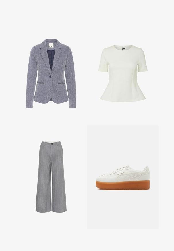Haringbone-patroon blazer in marineblauw en wit. Bevat notch revers, twee voorkpetten en een enkele knoopsluiting voor een getailleerde uitstraling.; Witte, nauwsluitende blouse met korte mouwen, een ronde halslijn en een lichte uitlopende taille.; Grijs gestreepte wijde broek met een knoopsluiting in de taille en twee zijzakken, ontworpen voor een moderne, stijlvolle look.; Witte lage sneaker met dikke bruine rubberen zool, gestikte zijkantdetails en vetersluiting met een klein klittenbandje.