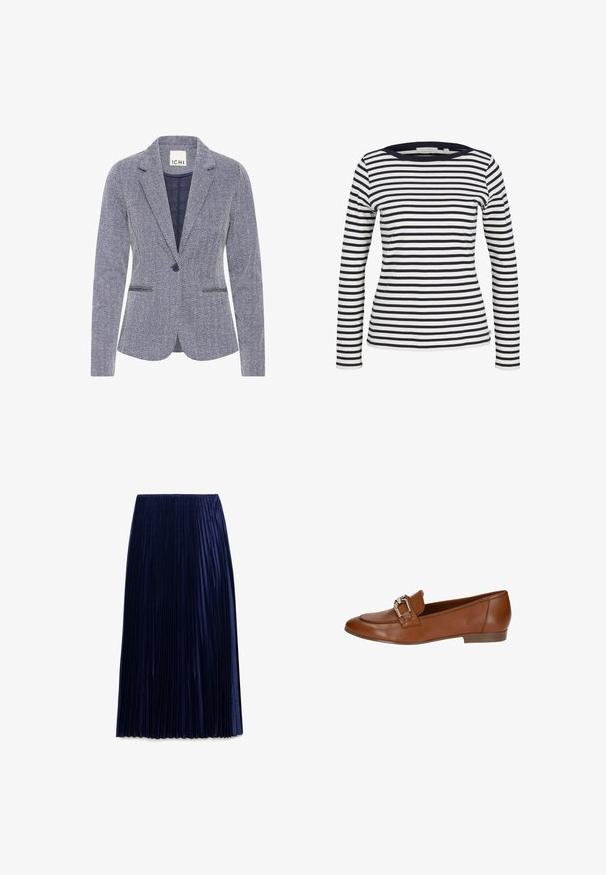 Blazer med fiskebensmønster i marineblå og hvid. Har slagkrave, to frontlommer og en enkelt knaplukning for et skræddersyet look.; TOM TAILOR DENIM Langærmet T-shirt - navy/white; Mørkeblå plisseret midi-nederdel lavet af letvægtsstof med en glat overflade, der har jævnt fordelt lodrette folder og en elastisk talje.; Brune læder loafers med flad hæl, der har en dekorativ sølvspænde og en glat, poleret overflade. Rundet tådesign.