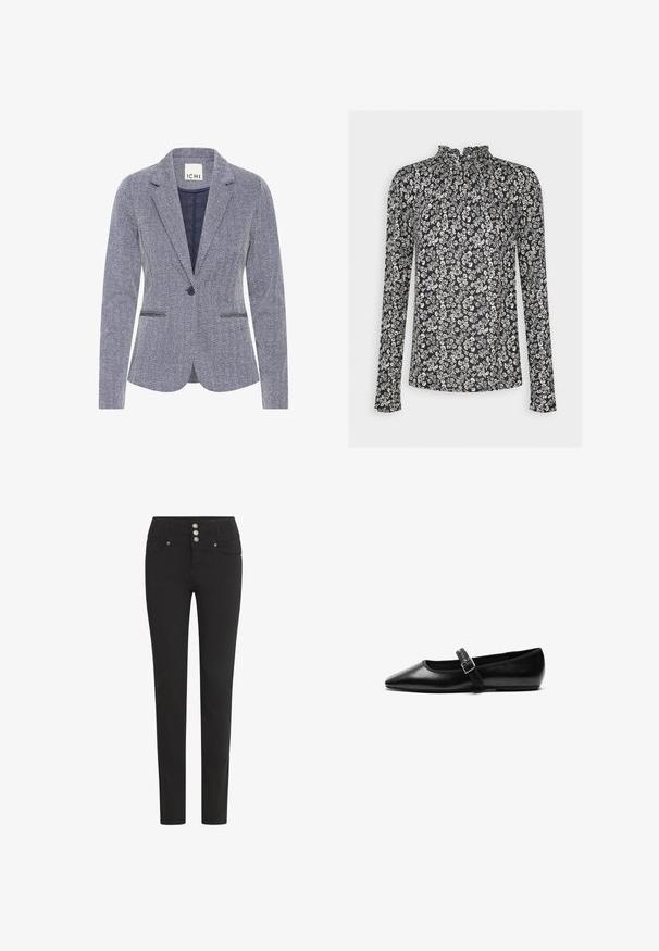 Haringbone-patroon blazer in marineblauw en wit. Bevat notch revers, twee voorkpetten en een enkele knoopsluiting voor een getailleerde uitstraling.; Lindex ERICA - Longsleeve - navy; Zwart, slim-fit jeans gemaakt van stretchkatoen. Heeft een hoge taille, een sluiting met drie knopen en voorkruizen met subtiele hardware-accenten.; Zwarte platte schoen van leer met een spitse neus, verstelbare band met een metalen gesp, een gladde textuur en een minimalistisch ontwerp.