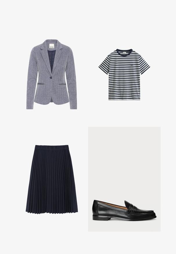 Haringbone-patroon blazer in marineblauw en wit. Bevat notch revers, twee voorkpetten en een enkele knoopsluiting voor een getailleerde uitstraling.; T-shirt met korte mouwen met horizontale marineblauwe en witte strepen, een marineblauwe kraag en een klein logo op de linkerborst.; Marineblauwe geplooide rok, gemaakt van een zachte stof. Beschikt over een brede elastische tailleband en valt net boven de knie met een gladde textuur.; Lauren Ralph Lauren WYNNIE - Instappers - black