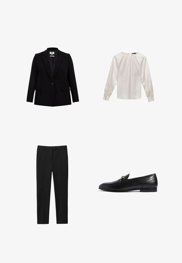 Zwarte blazer met een notch-kraag, enkele knoopsluiting, twee voorzakken en lange mouwen. Gemaakt van een gladde stof met een getailleerde pasvorm.; Witte satijnen bloes met lange mouwen, ronde halslijn en geplooide details. Heeft iets gepofte mouwen en een gladde textuur.; Zwarte broek met een op maat gemaakte ontwerp, vlakke voorkant, twee zijzakken en een rechte pijp. Gemaakt van gladde stof met een subtiele glans.; Scarosso ALESSANDRA - Instappers - black calf
