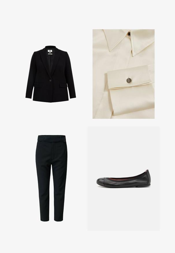 Sort blazer med klapkrave, enkelt knaplukning, to frontlommer og lange ærmer. Fremstillet af glat stof med en skræddersyet pasform.; Cremefarvet satin skjorte med spids krave, knaplukning og en manchet med en sort knapdetalje. Glat tekstur og struktureret design.; Sorte bukser lavet af vævet stof med en glat tekstur, der har flad front, sidelommer og en ankellang skæring.; Sorte læder balletflade med en rund tå og blanke kapdetaljer. Har en glat tekstur og subtil syning langs den øverste kant.