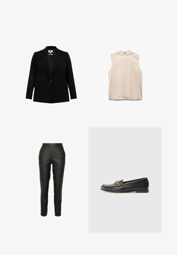 Sort blazer med klapkrave, enkelt knaplukning, to frontlommer og lange ærmer. Fremstillet af glat stof med en skræddersyet pasform.; Beige ærmeløs bluse med spids krave, glat stof og en nøglehulåbning bagpå. Minimalistisk design og skræddersyet form.; Sorte højtaljede slim-fit bukser i imiteret læder med bæltestropper og forreste læg, ankel-længde og skræddersyet pasform.; Sorte læder loafers med en syet tå, en lav hæl og et dekorativt guldemblem foran. Glat tekstur, klassisk design.