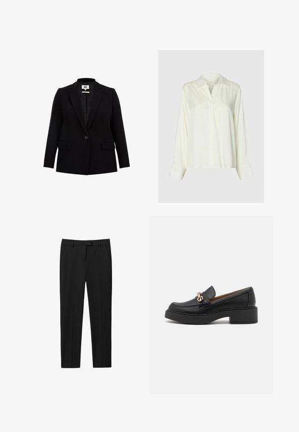 Sort blazer med klapkrave, enkelt knaplukning, to frontlommer og lange ærmer. Fremstillet af glat stof med en skræddersyet pasform.; Langærmet hvid satinbluse med klassisk krave og skjult knaplukning foran, vist på en ensfarvet lysegrå baggrund.; Sorte bukser med skræddersyet design, flad front, to sidelommer og lige benudskæring. Fremstillet af glat stof med en subtil glans.; Sort læderloafer med en kraftig platformsål, der har et guldbelagt kædeaccent og synlige sømdetaljer. Glat tekstur og strømlinet design.