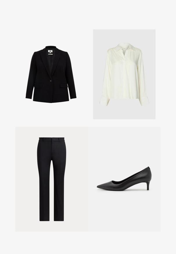Blazer negro con solapa de muesca, cierre de un solo botón, dos bolsillos frontales y mangas largas. Fabricado en un tejido suave con un corte ajustado.; Blusa blanca de satén de manga larga con cuello clásico y botones delanteros ocultos, mostrada sobre un fondo liso gris claro.; Pantalones negros de pierna recta con trabillas y un corte ajustado, mostrados sobre un fondo claro y liso.; Zapato de charol negro con punta afilada y tacón bajo. Textura suave, diseño elegante y detalles sutiles en el tacón.