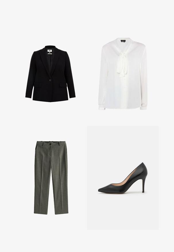 Schwarzer Blazer mit Reverskragen, Einzelknopfverschluss, zwei Vordertaschen und langen Ärmeln. Aus glattem Stoff mit taillierter Passform gefertigt.; Weiße Bluse mit langen Ärmeln aus glattem Stoff. Besitzt einen Bindekragen, eine Knopfleiste und einen subtilen Glanz. Gerader Saum mit geknöpften Ärmeln.; Grau gestreifte Hose aus einem weichen Stoff, mit geradem Schnitt, Fronttaschen und einem einzigen Knopfverschluss.; Schwarzer Leder-Pump mit hohen Absätzen und spitzem Zehenbereich. Glatte Textur, schlanker Stilettostiletto und eine von der Seitenansicht sichtbare beigefarbene Innensohle.