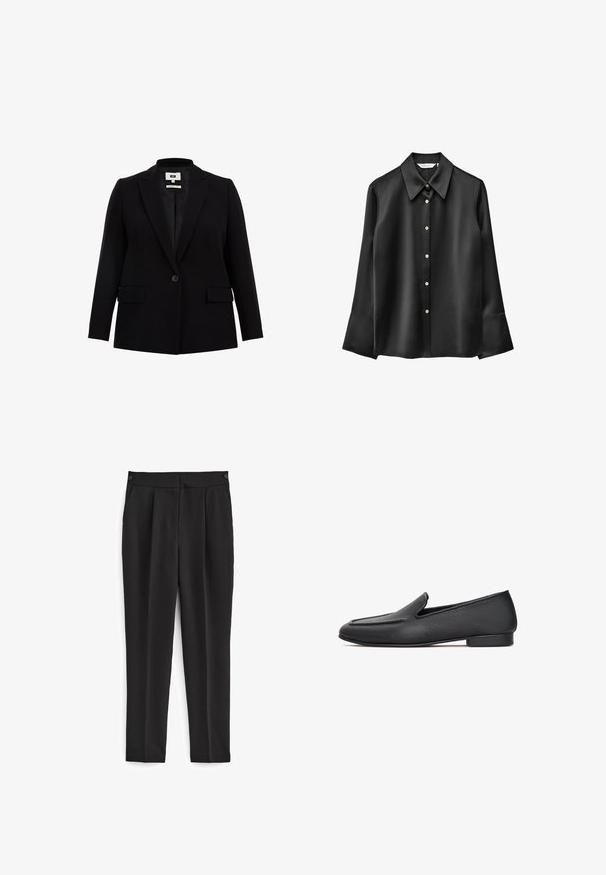 Blazer negro con solapa de muesca, cierre de un solo botón, dos bolsillos frontales y mangas largas. Fabricado en un tejido suave con un corte ajustado.; Blusa negra de satén con manga larga, cuello puntiagudo, cierre de botones en la parte delantera y puños acampanados. Presenta un brillo sutil y botones redondos.; Pantalones negros de corte ajustado, con una parte frontal plana, dos bolsillos laterales y un diseño limpio y sin costuras. Fabricados en una tela suave y transpirable.; Mocasines de cuero negro con un acabado texturizado, que presentan una punta redondeada y un tacón bajo. El diseño incluye un detalle superior cosido.