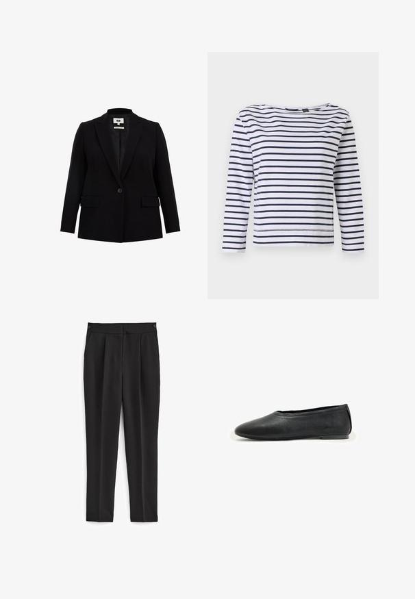 Sort blazer med klapkrave, enkelt knaplukning, to frontlommer og lange ærmer. Fremstillet af glat stof med en skræddersyet pasform.; Stribet langærmet top i hvid og marineblå, med en bådudskæring og en afslappet pasform. Lavet af blødt bomuldsstof med syede kanter.; Sorte bukser med skræddersyet pasform, med flad front, to sidelommer og et rent, sømløst design. Fremstillet af et glat, åndbart stof.; Sort læderflad sko med rundet tå og lav hæl, designet til afslappet eller formelt brug.