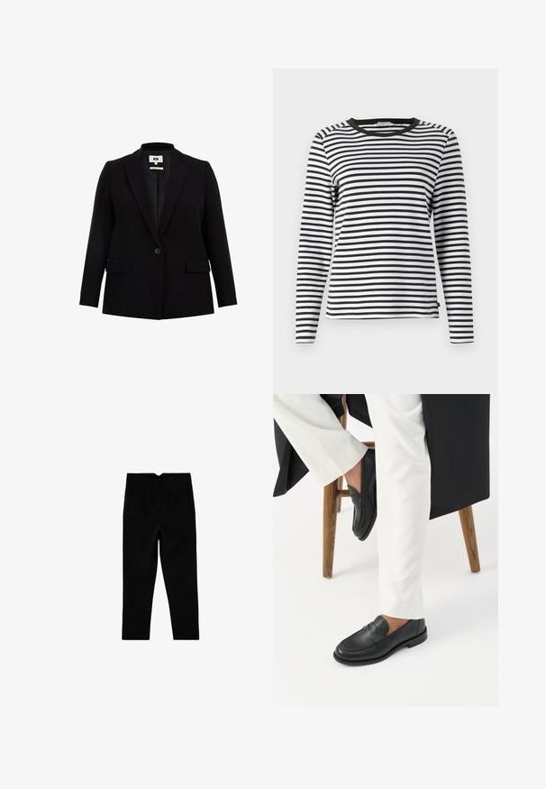 Blazer negro con solapa de muesca, cierre de un solo botón, dos bolsillos frontales y mangas largas. Fabricado en un tejido suave con un corte ajustado.; Camisa de manga larga a rayas en blanco y negro, con un cuello redondeado verde. Tejido suave con un corte regular y dobladillo recto.; Pantalones negros a medida hasta el tobillo con bolsillos laterales y pierna ligeramente entallada, mostrados extendidos sobre un fondo blanco.; Persona con mocasines de cuero negro y pantalones blancos sentada en un taburete de madera contra un fondo blanco.